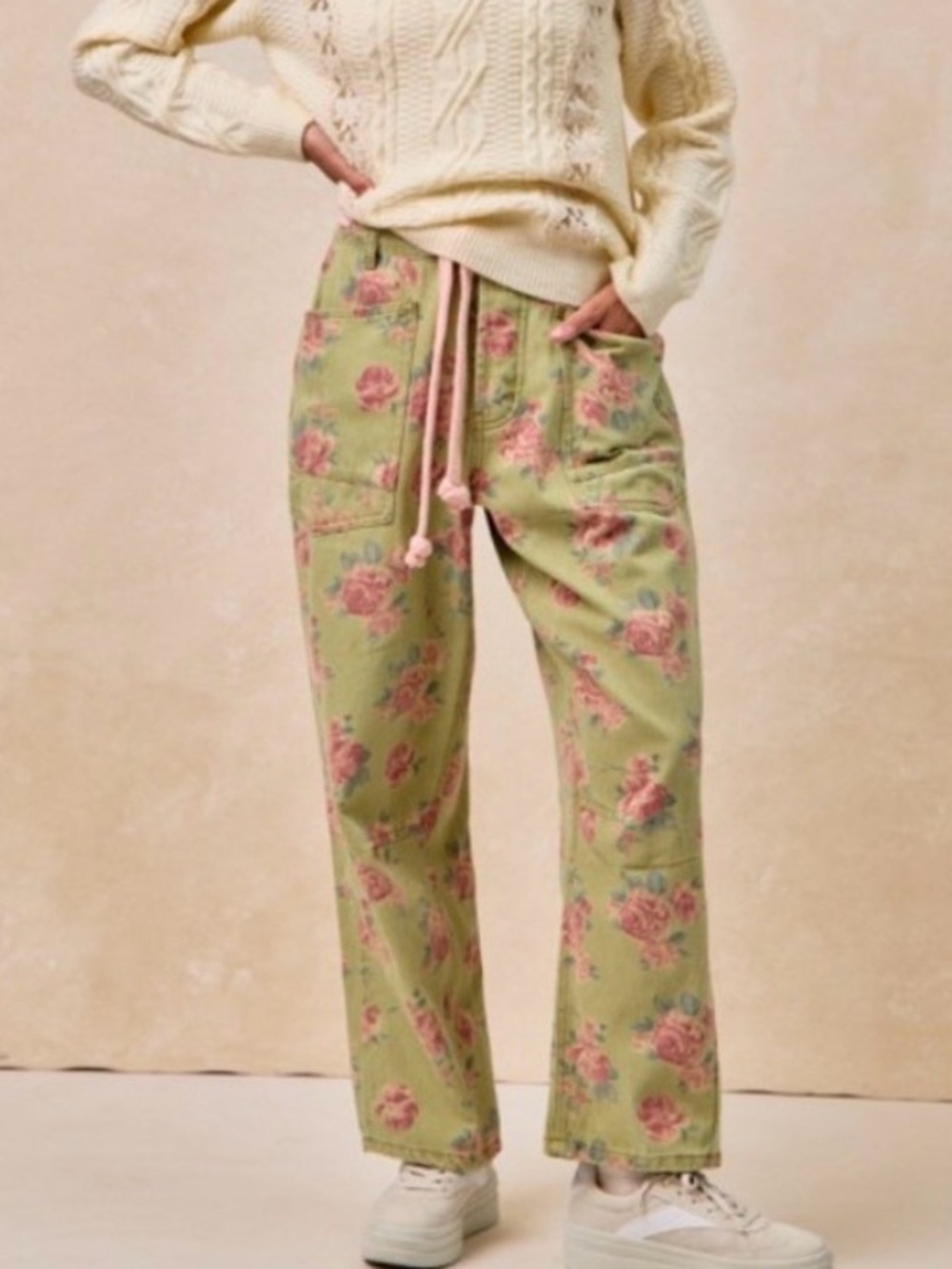 BiBi NWT Green Floral Utility Drawstring Pants